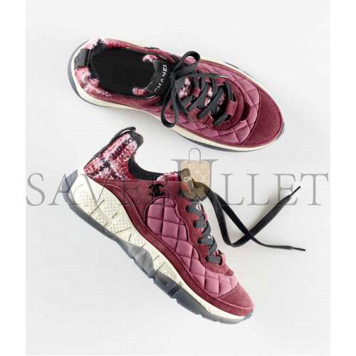 CHANEL SNEAKERS 		FABRIC, TWEED & SUEDE CALFSKIN			LIGHT BURGUNDY, PINK & BLACK G39234 Y55990 K47