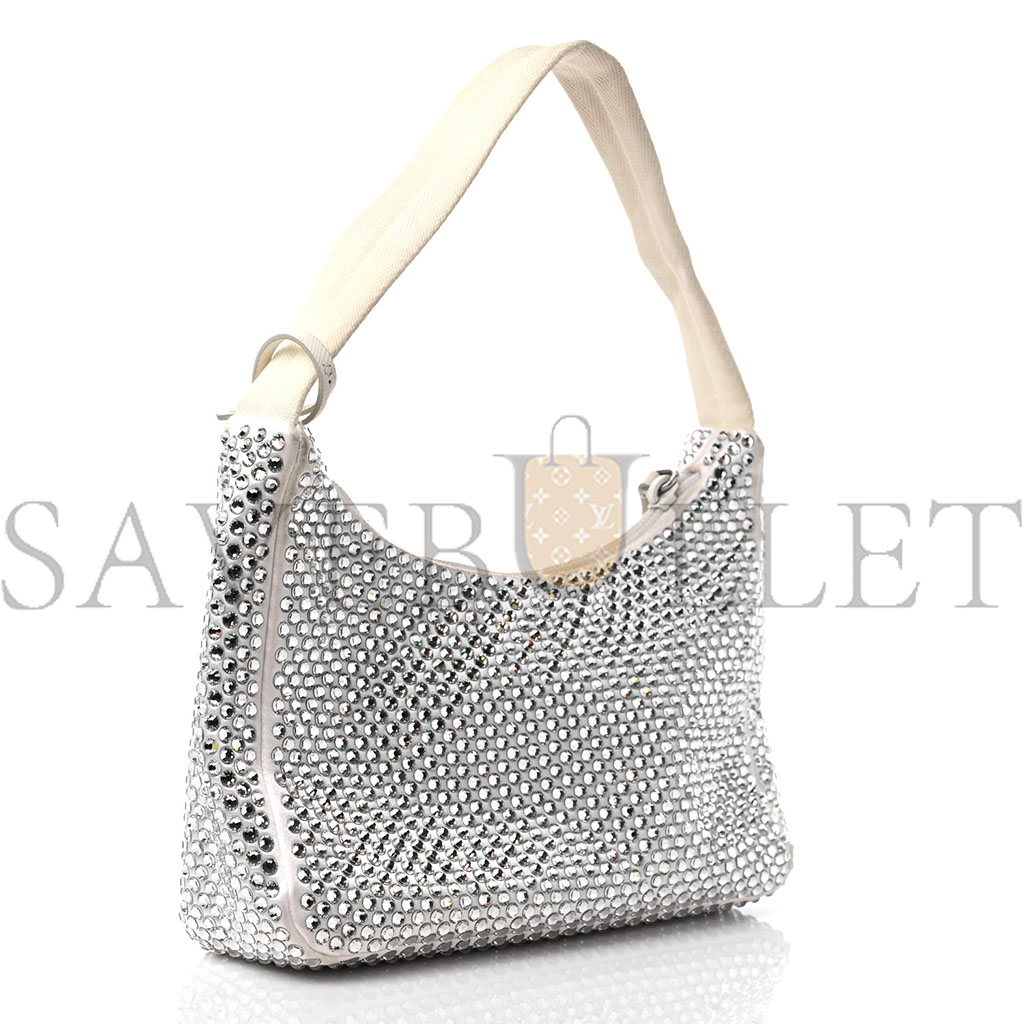 PRADA SATIN CRYSTAL MINI RE-EDITION BAG WHITE (23*16*8cm) PRADA SATIN CRYSTAL MINI RE-EDITION BAG WHITE (23*16*8cm)