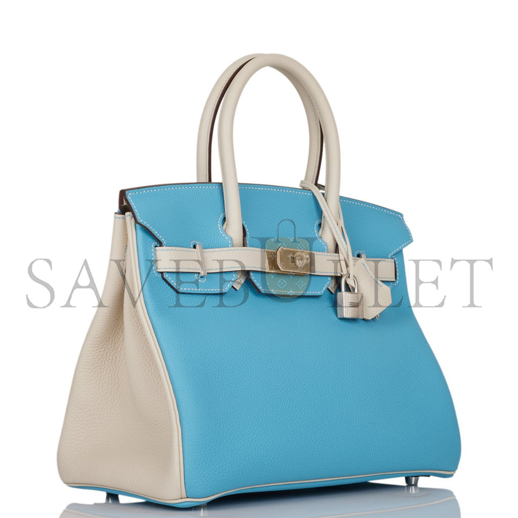 HERMES BIRKIN 25 TOGO LEATHER NORTHERN BLUE AND MILKSHAKE WHITE SILVER BUCKLE HANDBAG 2161400178398 (25*20*13cm)