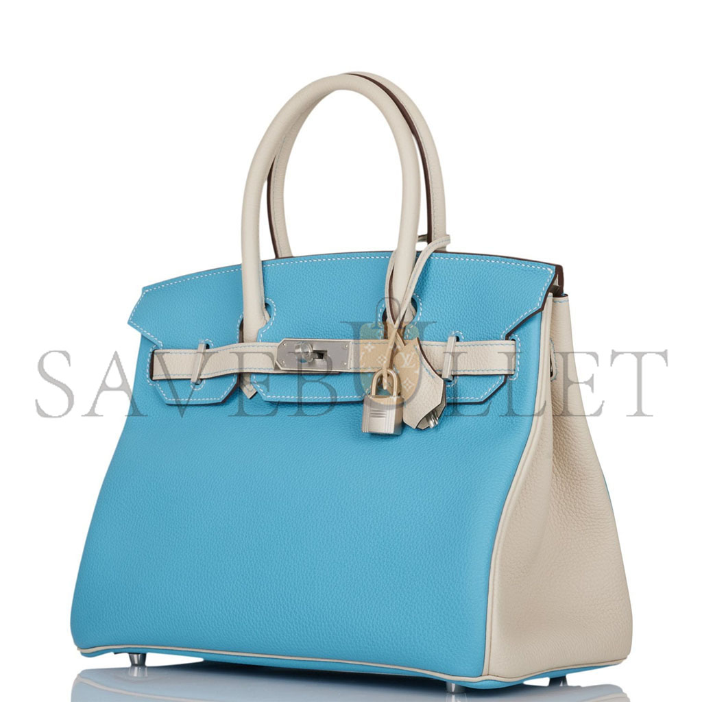 HERMES BIRKIN 25 TOGO LEATHER NORTHERN BLUE AND MILKSHAKE WHITE SILVER BUCKLE HANDBAG 2161400178398 (25*20*13cm)