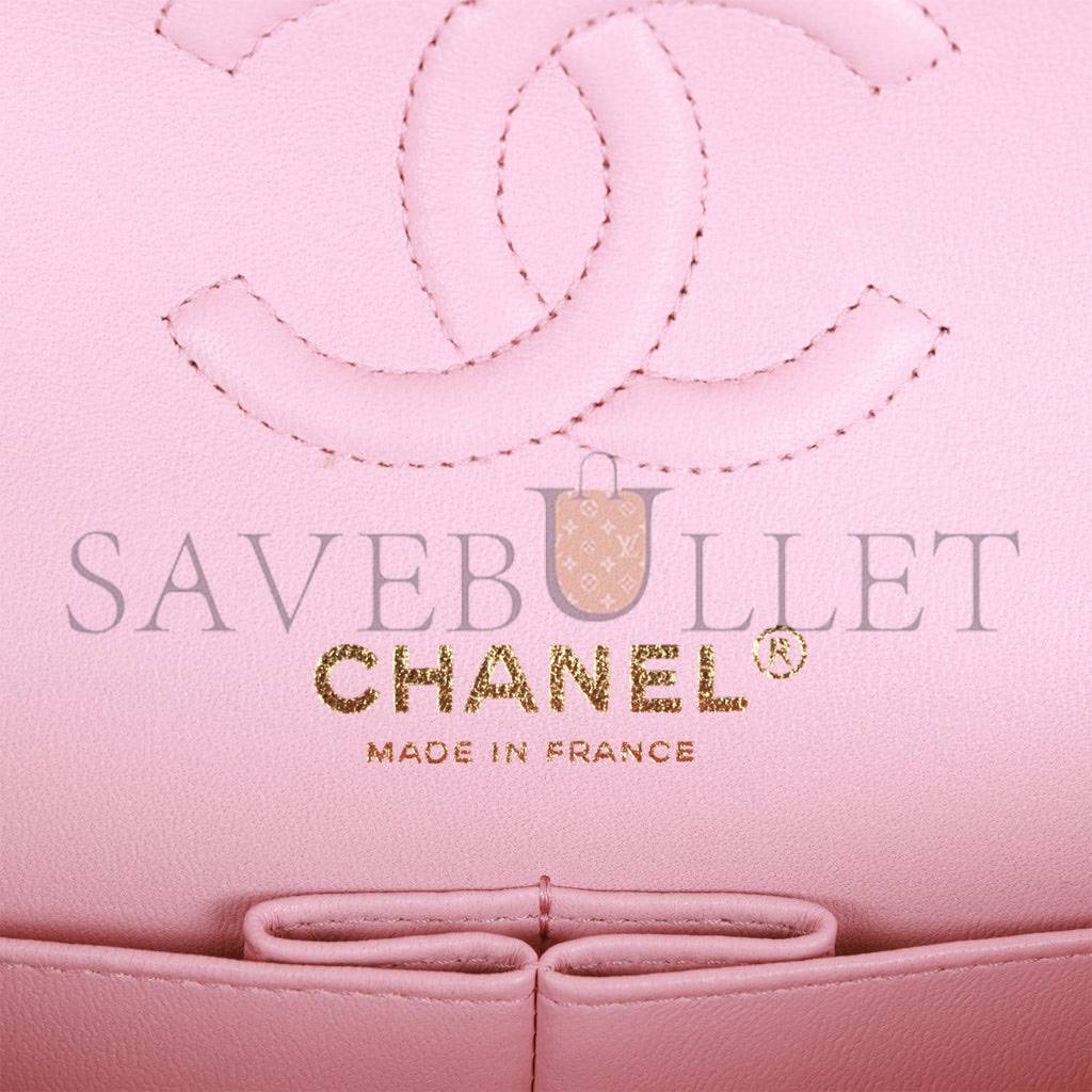 CHANEL SMALL CHEVRON CLASSIC DOUBLE FLAP PINK CALFSKIN LIGHT GOLD HARDWARE (23*13*6cm)