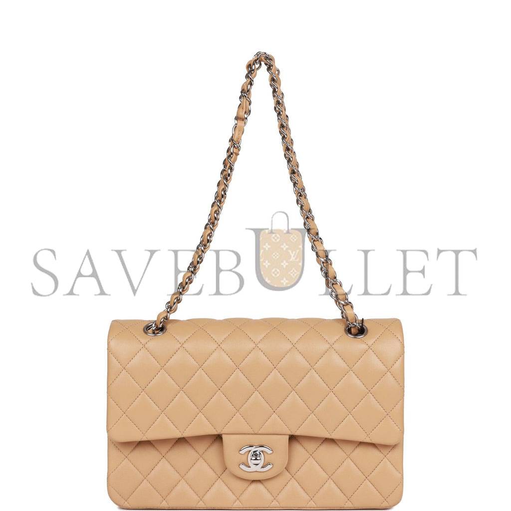 CHANEL MEDIUM CLASSIC DOUBLE FLAP BAG BEIGE LAMBSKIN SILVER HARDWARE (25*15*7cm)