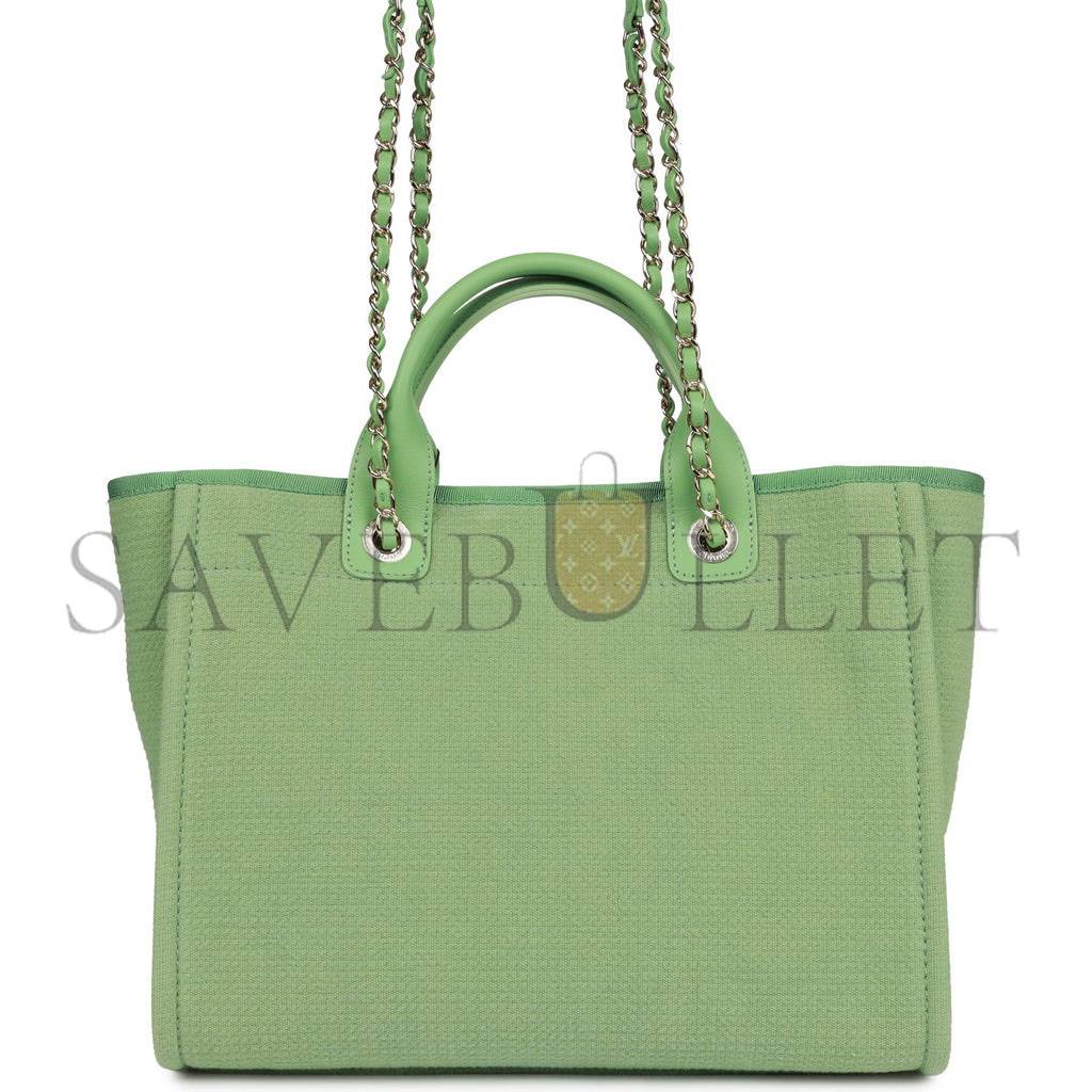 CHANEL SMALL DEAUVILLE SHOPPING BAG GREEN BOUCLE LIGHT GOLD HARDWARE (34*27*15cm)