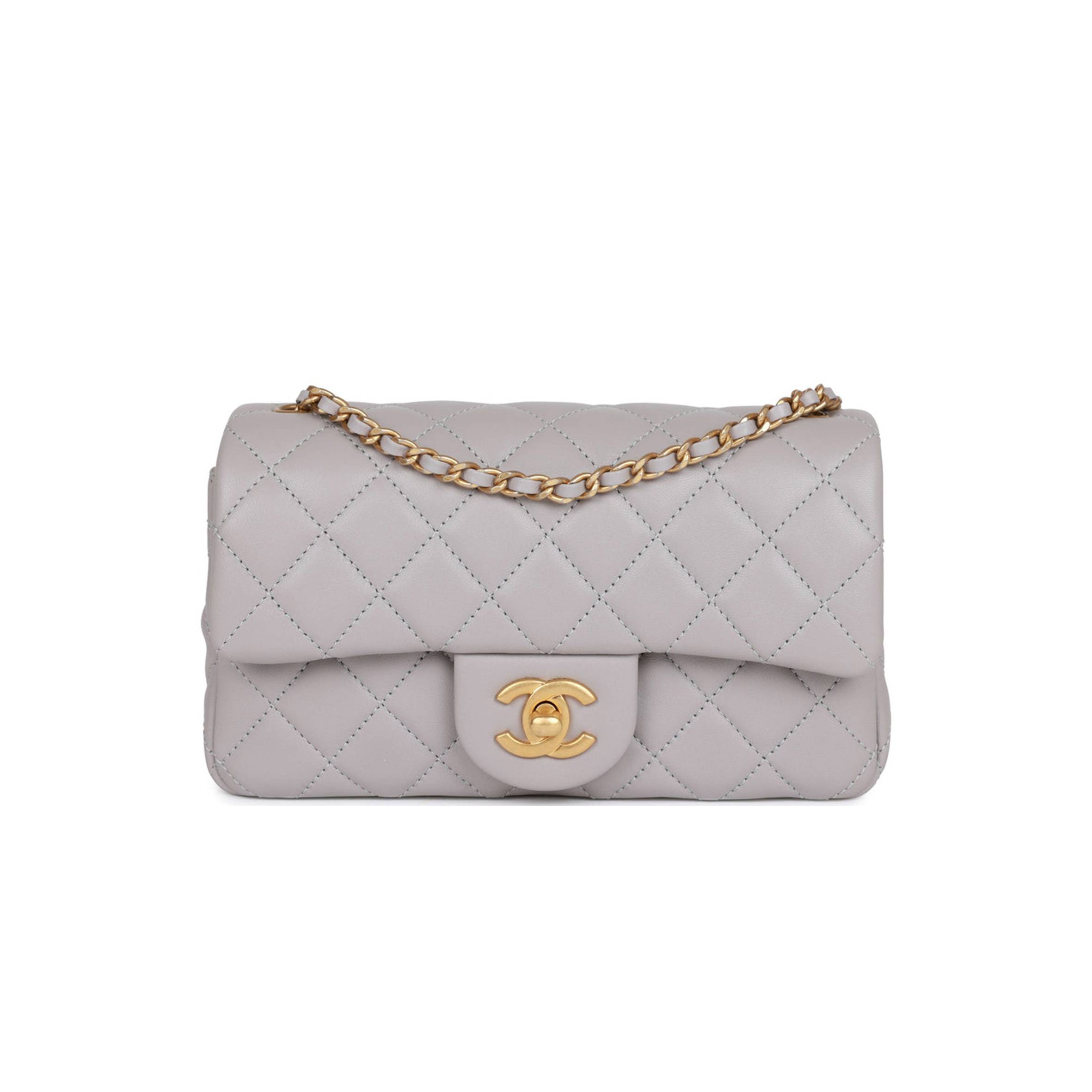 CHANEL PEARL CRUSH MINI RECTANGULAR FLAP BAG LIGHT GREY LAMBSKIN ANTIQUE GOLD HARDWARE (20*13*6cm)