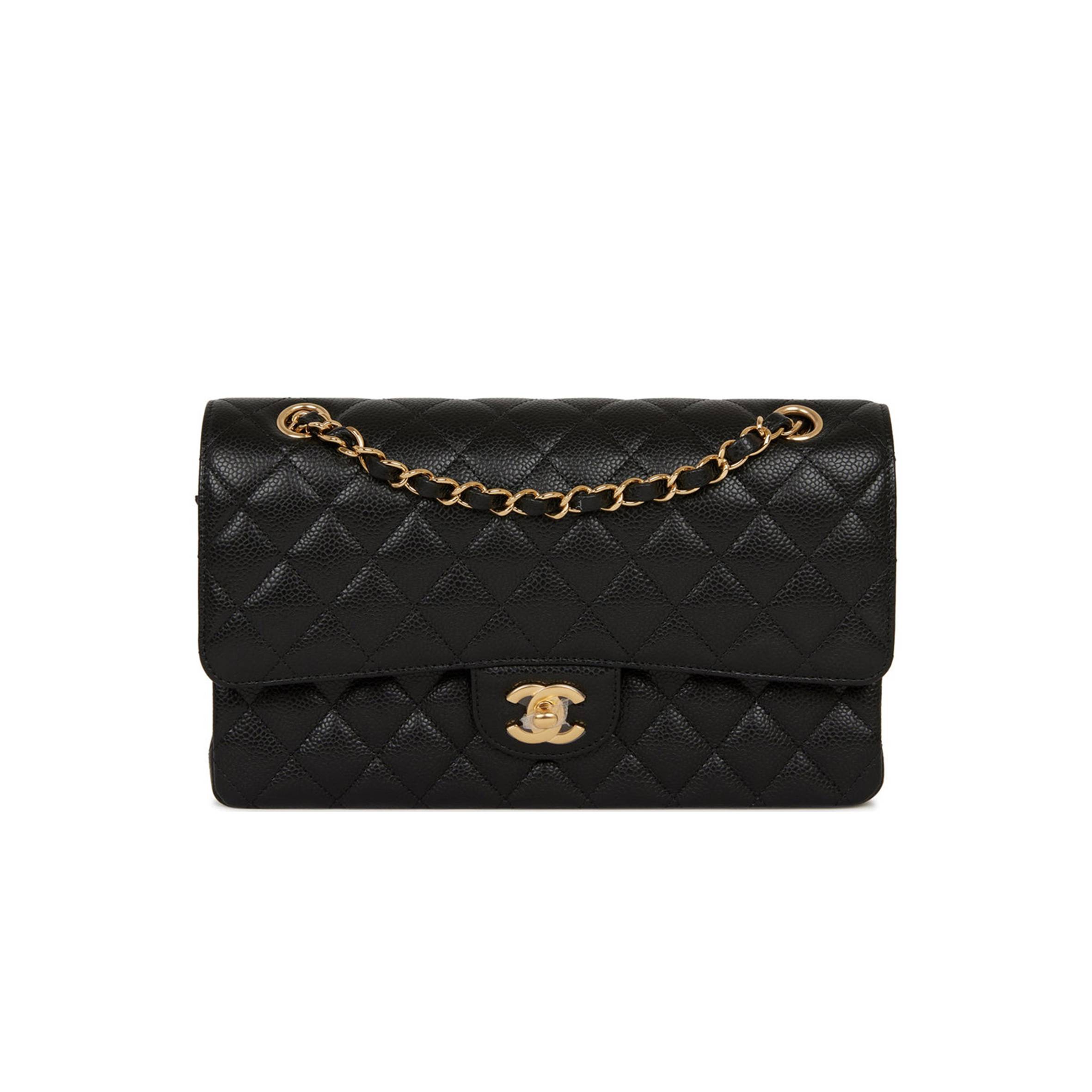 CHANEL MEDIUM CLASSIC DOUBLE FLAP BAG BLACK QUILTED CAVIAR GOLD HARDWARE (25*15*7cm)