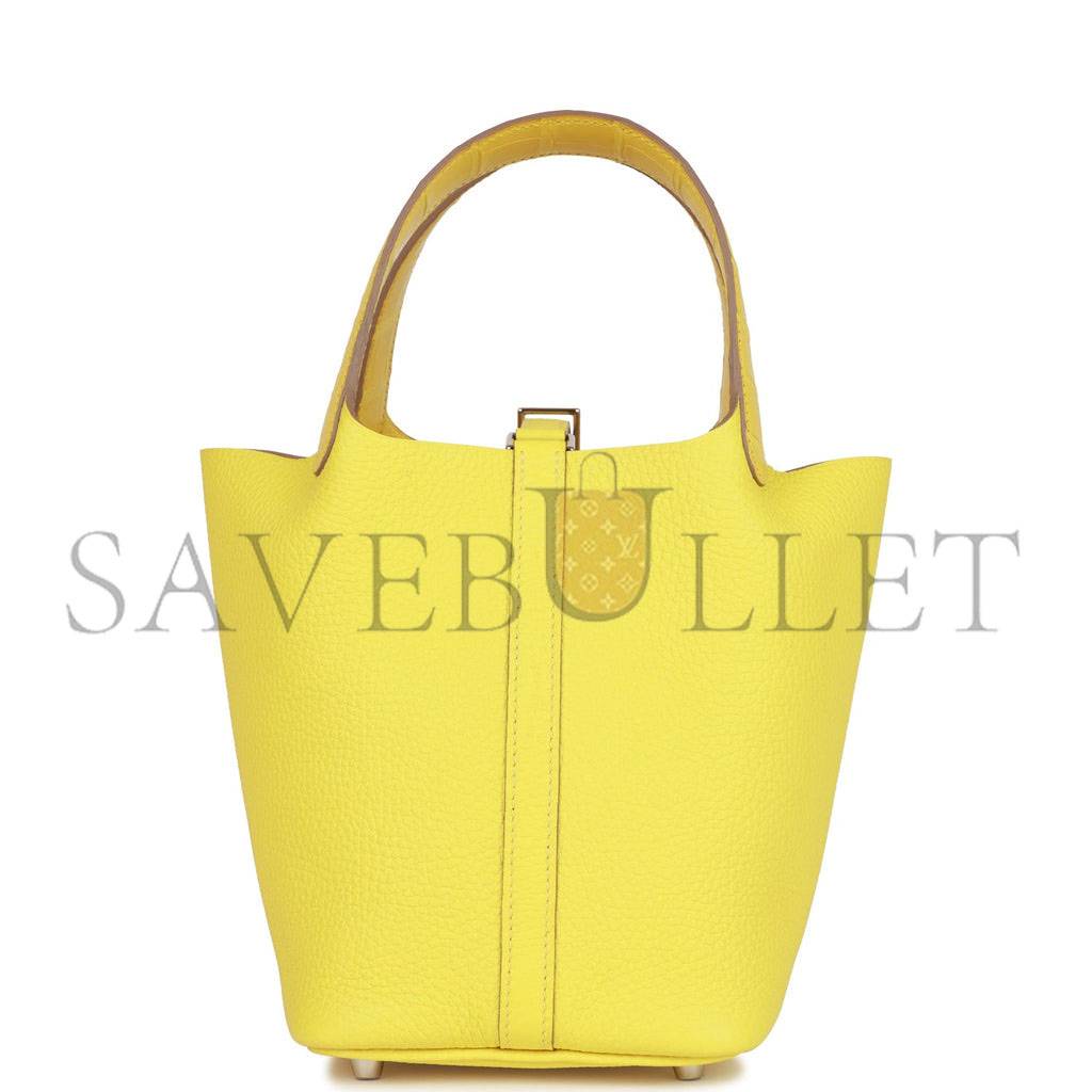 HERMES PICOTIN LOCK 18 MIMOSA MATTE ALLIGATOR AND LIME CLEMENCE TOUCH PALLADIUM HARDWARE(18*13*18cm)