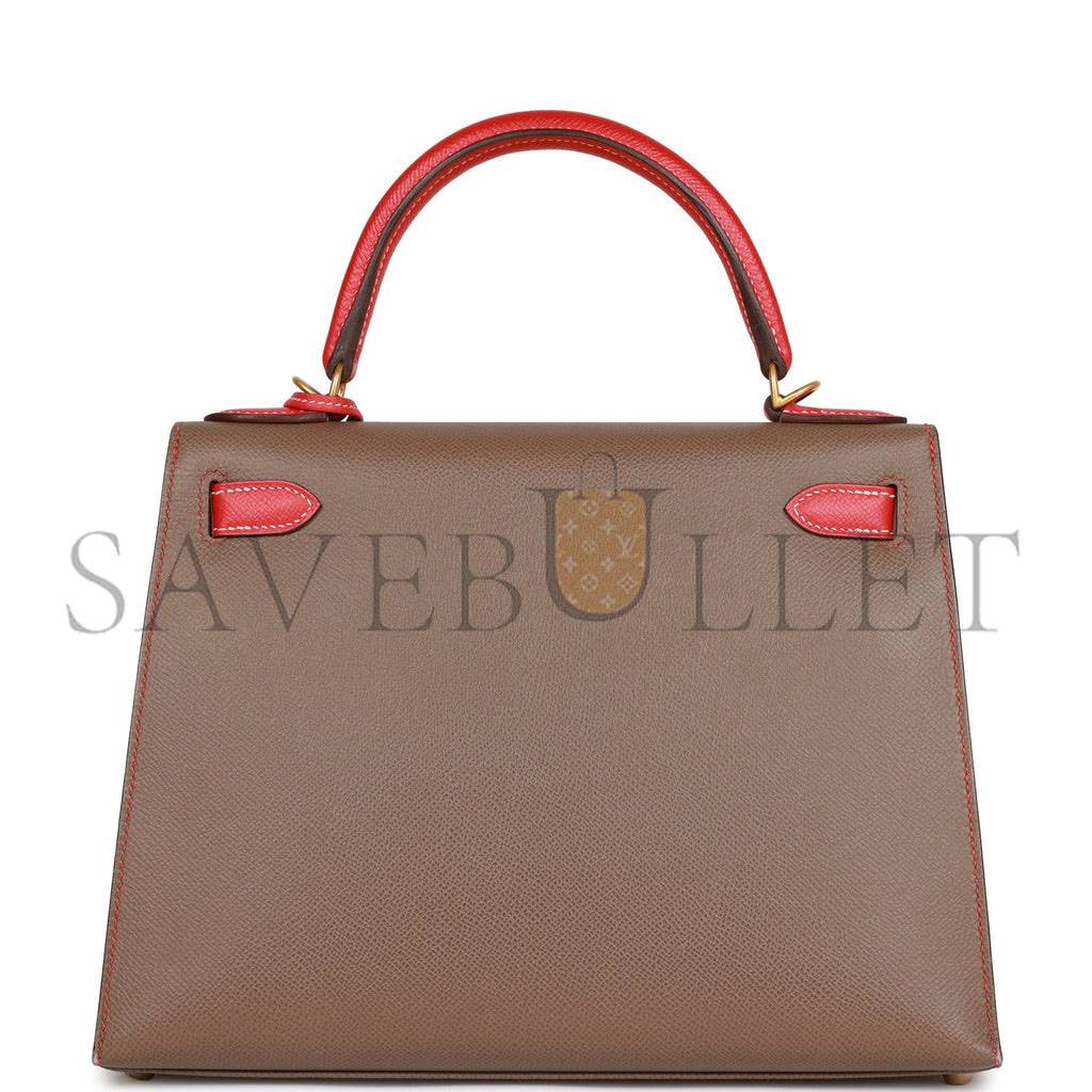 HERMES SPECIAL ORDER (HSS) KELLY SELLIER 28 ETOUPE AND ROUGE TOMATE EPSOM BRUSHED GOLD HARDWARE (28*22*10cm)