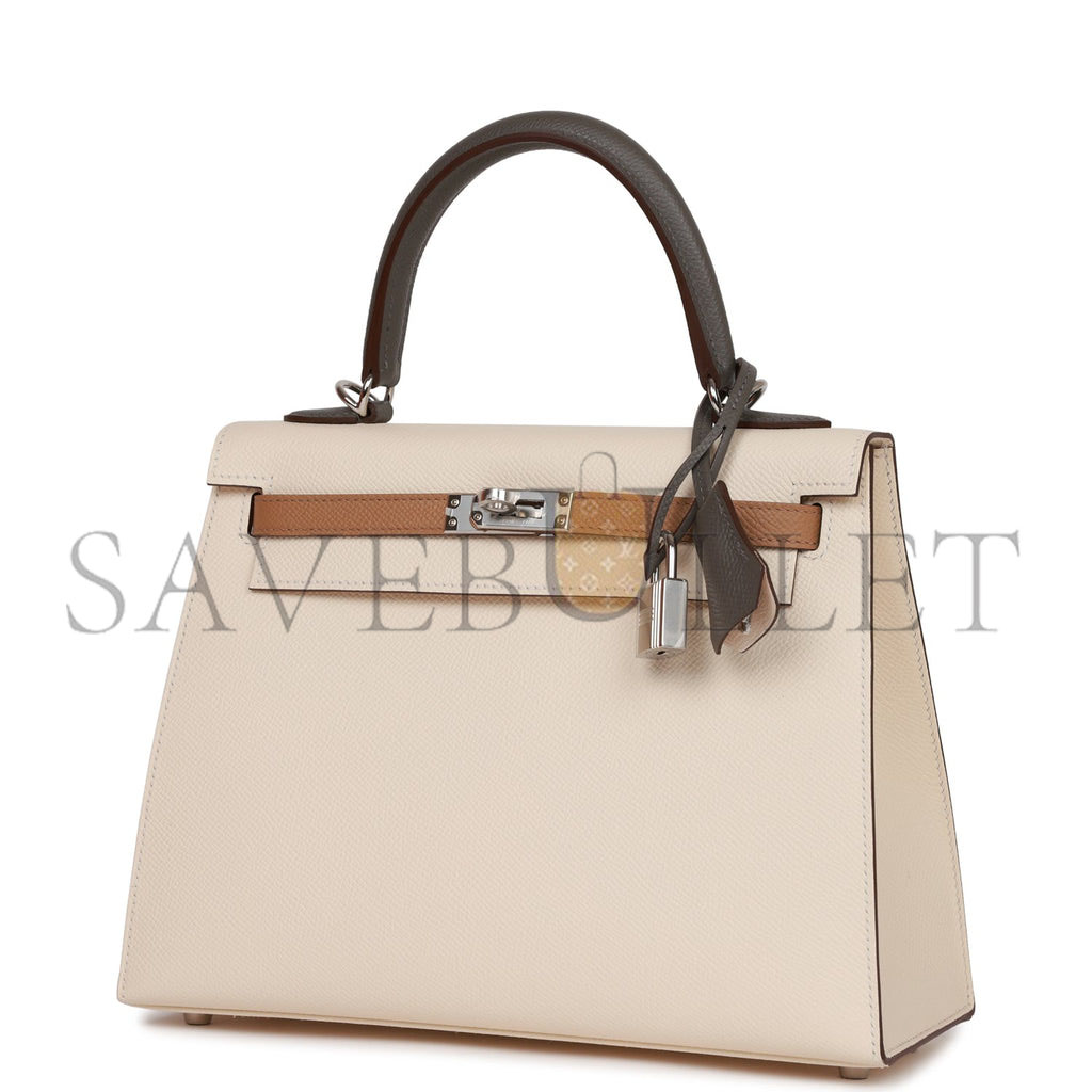 HERMES KELLY SELLIER 25 TRI-COLOR NATA, CHAI AND GRIS MEYER EPSOM PALLADIUM HARDWARE (25*17*7cm)