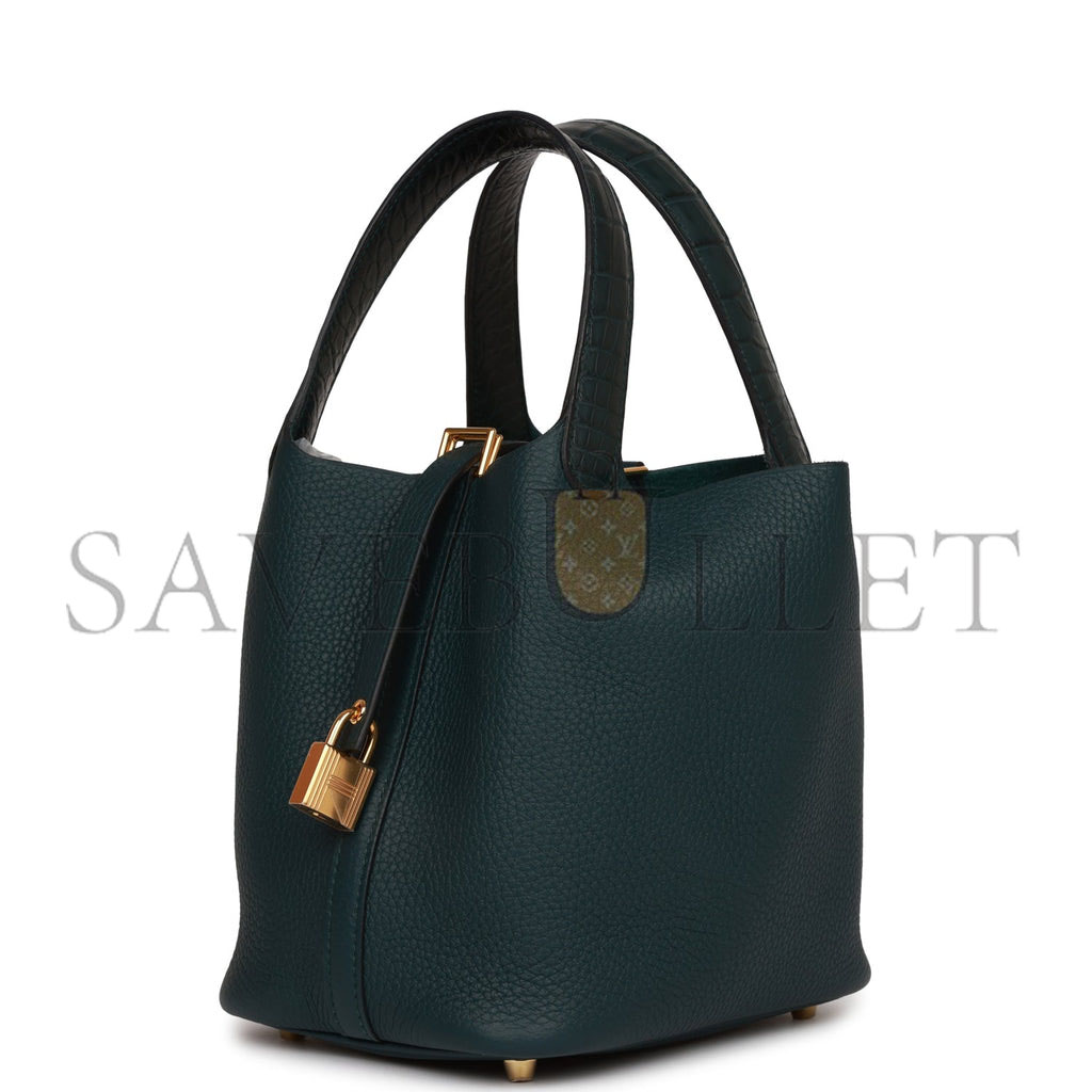 HERMES PICOTIN LOCK 18 VERT CYPRESS MATTE ALLIGATOR AND CLEMENCE TOUCH GOLD HARDWARE (18*13*18cm)