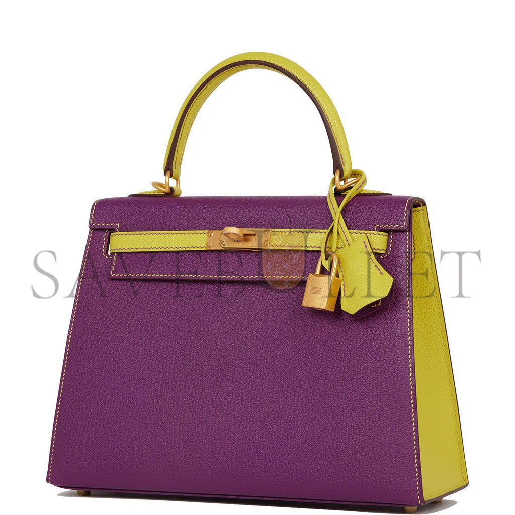 HERMES SPECIAL ORDER (HSS) KELLY SELLIER 25 ANEMONE AND LIME CHEVRE BRUSHED GOLD HARDWARE HANDMADE (25*17*7)