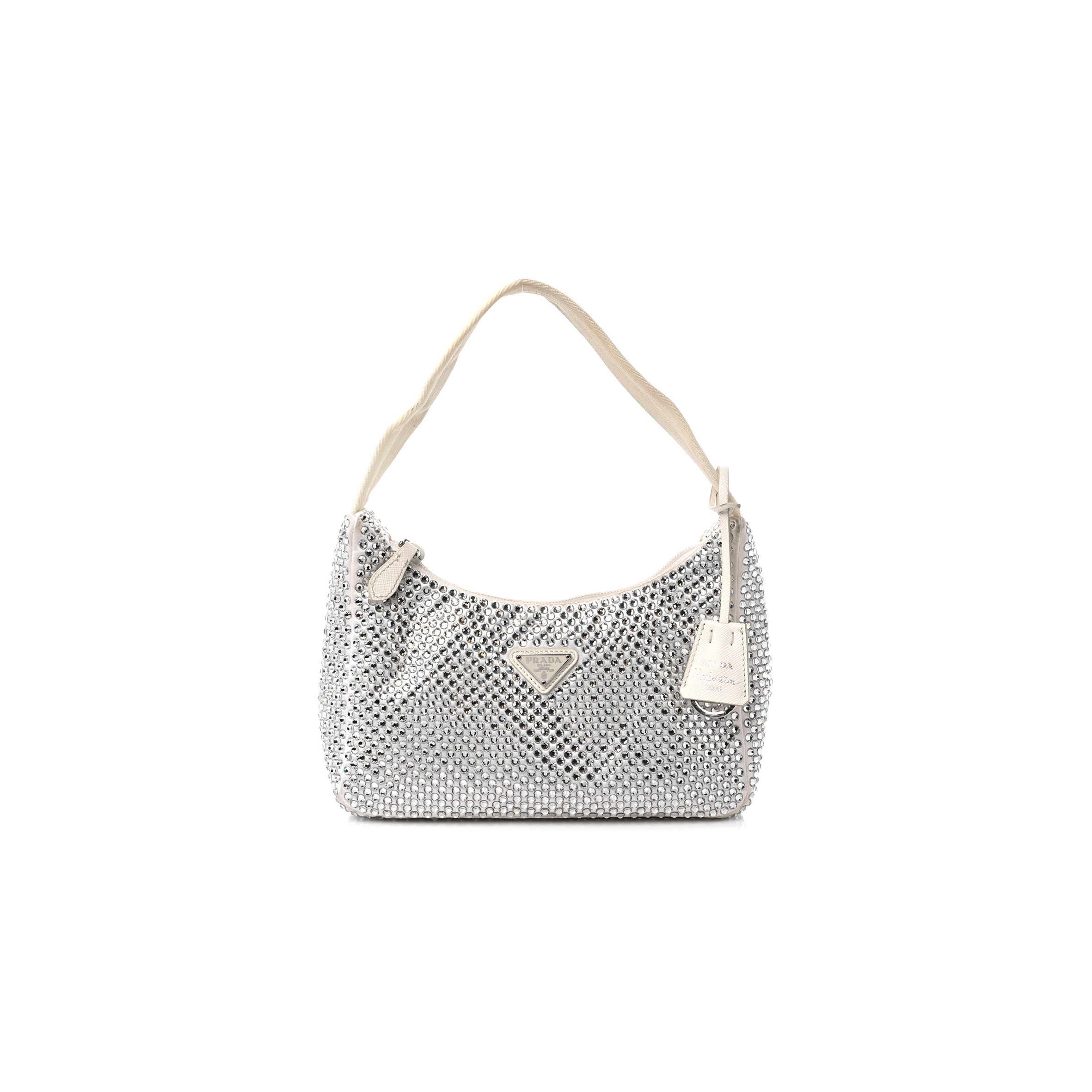PRADA SATIN CRYSTAL MINI RE-EDITION BAG WHITE (23*16*8cm) PRADA SATIN CRYSTAL MINI RE-EDITION BAG WHITE (23*16*8cm)
