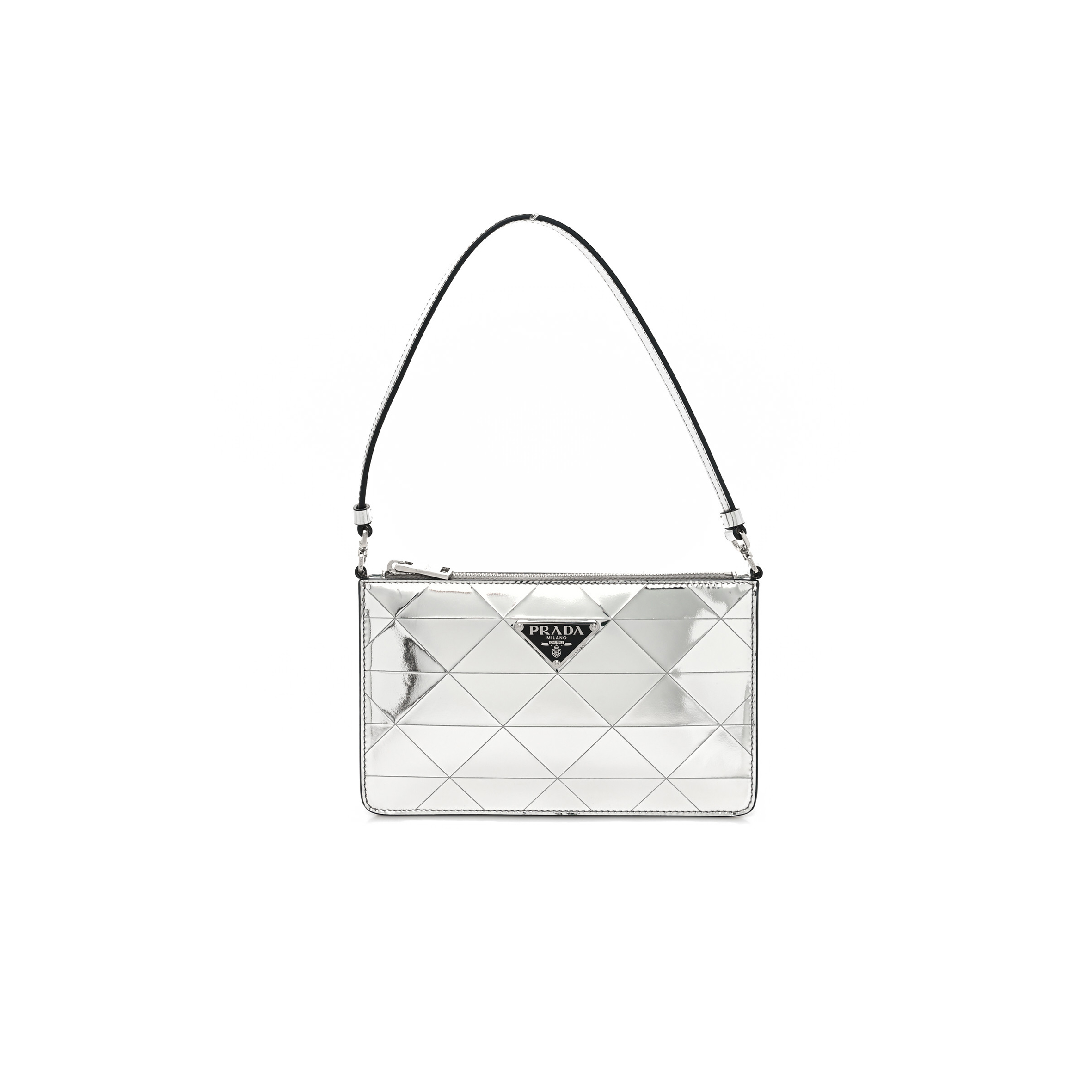 PRADA METALLIC BRUSHED CALFSKIN MINI TRIANGLE BAG SILVER (20*12*4cm) PRADA METALLIC BRUSHED CALFSKIN MINI TRIANGLE BAG SILVER (20*12*4cm)