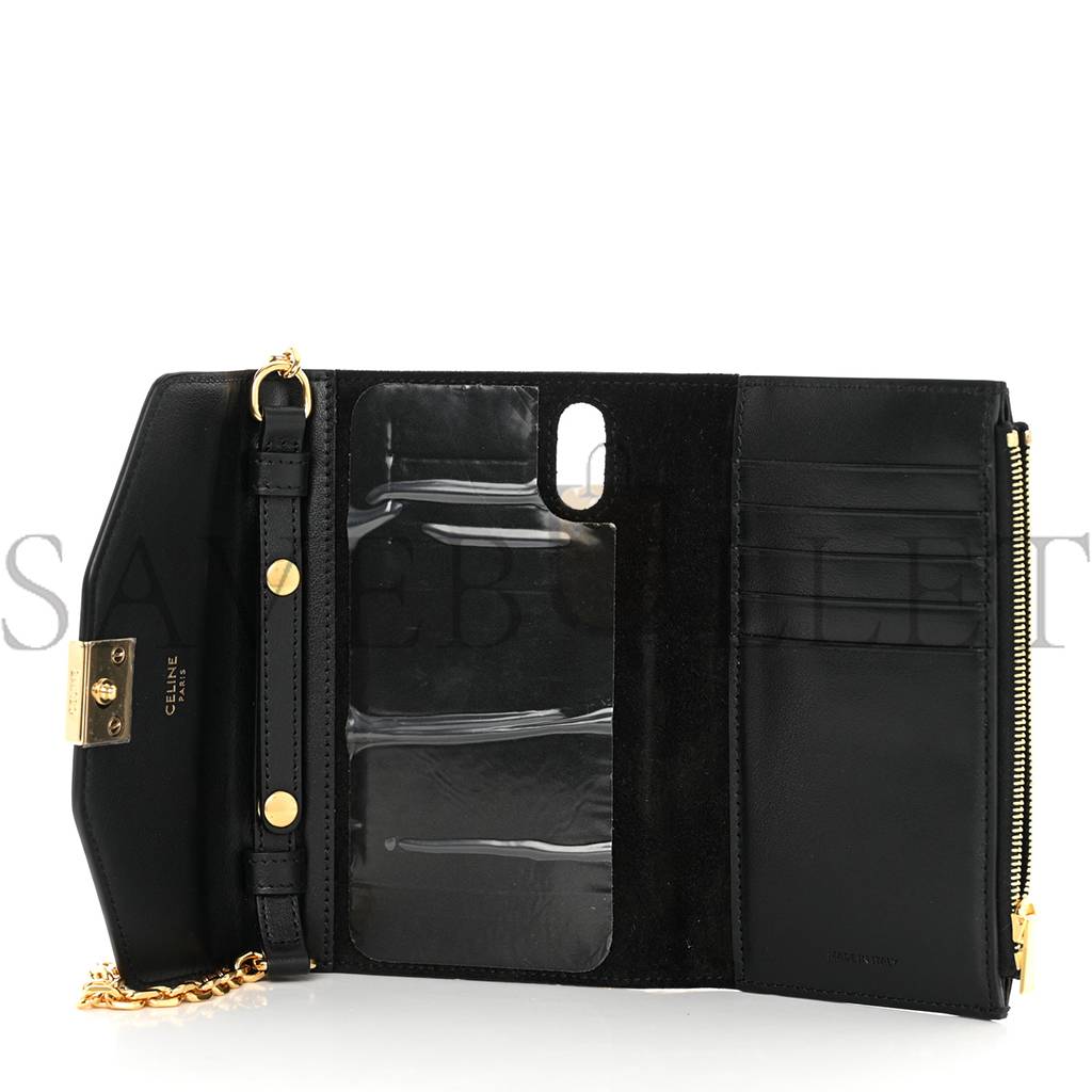 CELINE SHINY SMOOTH CALFSKIN C PHONE HOLDER WALLET ON CHAIN BAG BLACK (15*10*3cm) CELINE SHINY SMOOTH CALFSKIN C PHONE HOLDER WALLET ON CHAIN BAG BLACK (15*10*3cm)