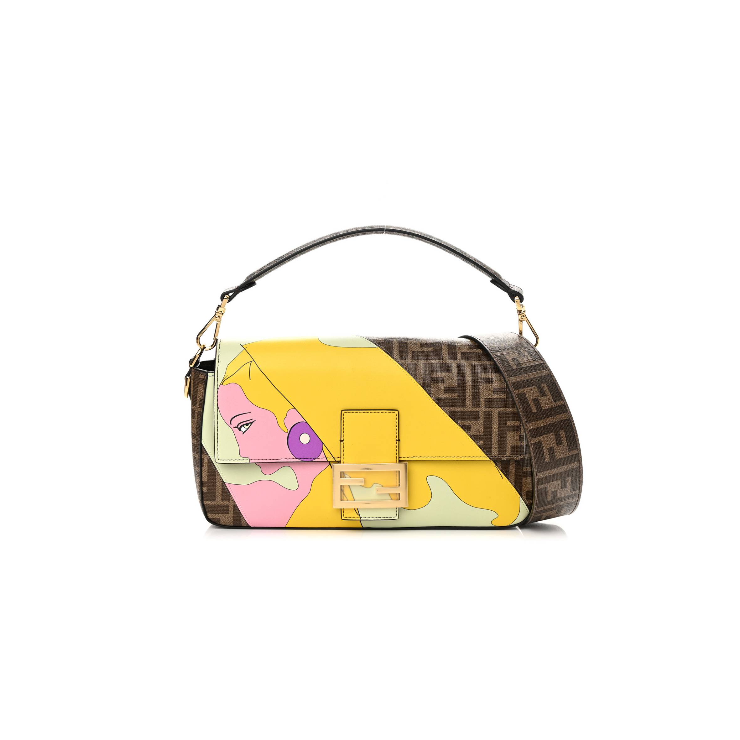 FENDI GLAZED FABRIC FF 1974 HAIRDO GIRLS INLAY BAGUETTE MOGANO PANNA MULTICOLOR (27*15*6cm) FENDI GLAZED FABRIC FF 1974 HAIRDO GIRLS INLAY BAGUETTE MOGANO PANNA MULTICOLOR (27*15*6cm)